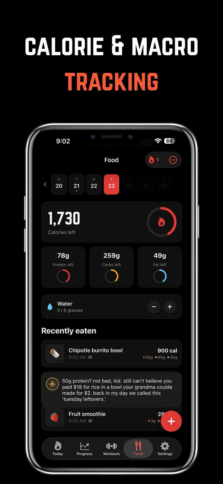 Food tab with calories left, protein, carbs, fat, water, and recently eaten meals logged by AI