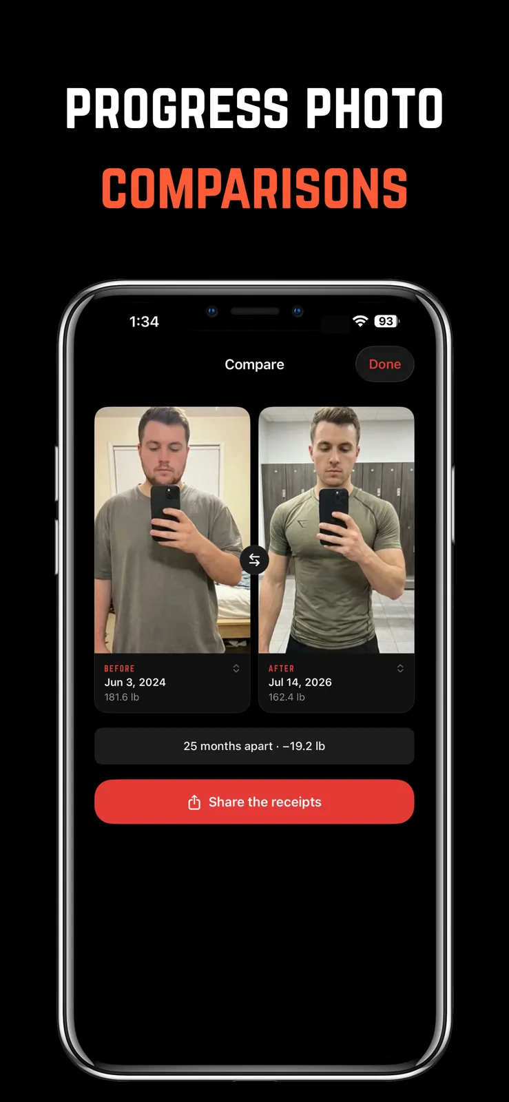 Progress photo comparison 25 months apart with dates, weights, and a share the receipts button