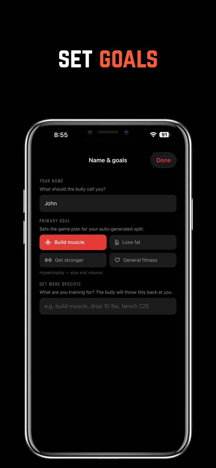 Setting your name and primary goal to shape the auto-generated split