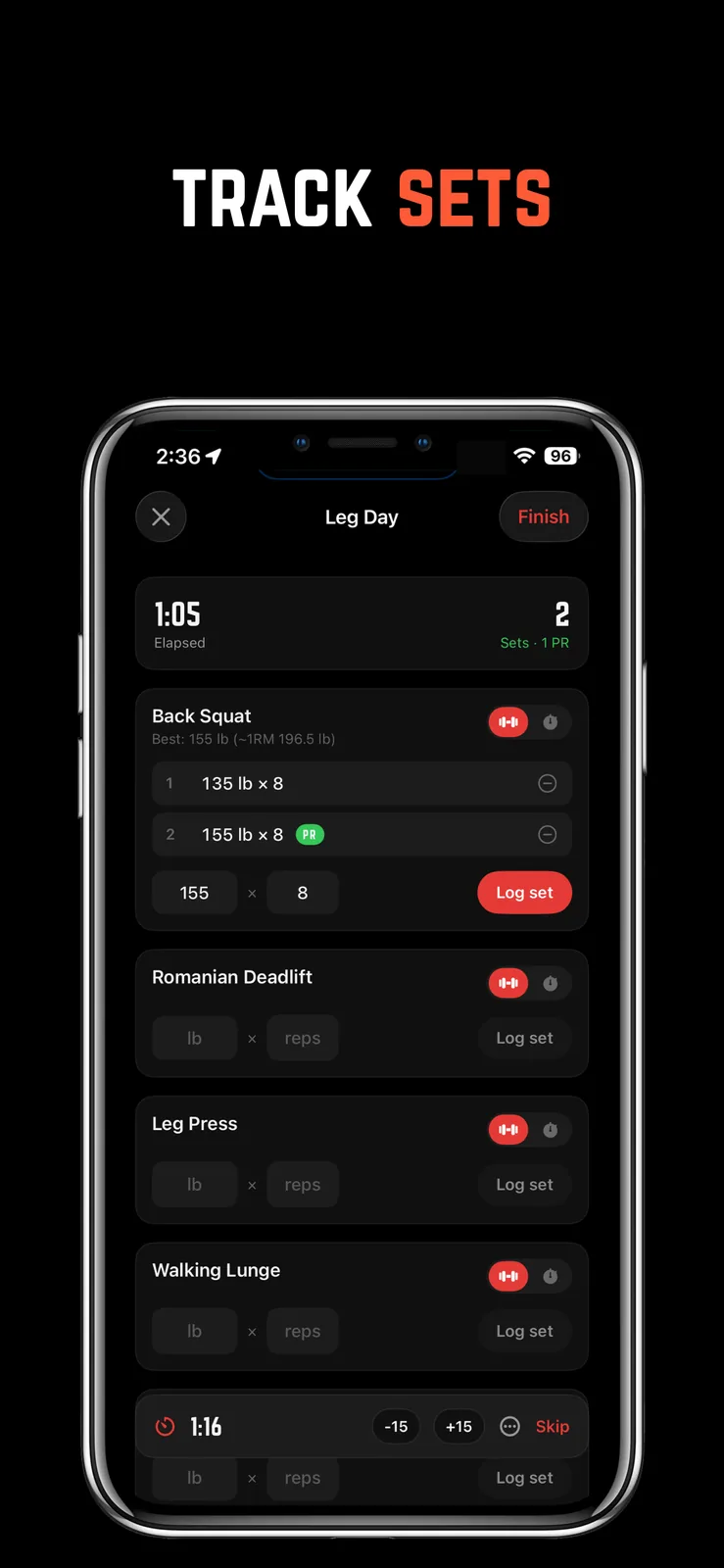 Logging sets in the gym with weights, reps, a rest timer, and PR tracking