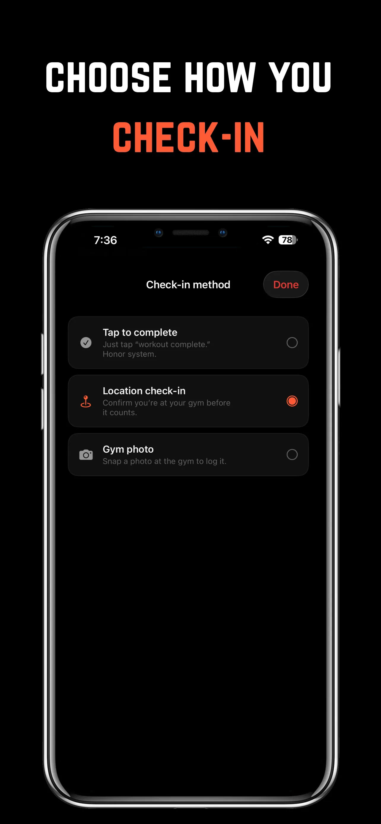 Choosing a check-in method: tap to complete, location check-in, or gym photo