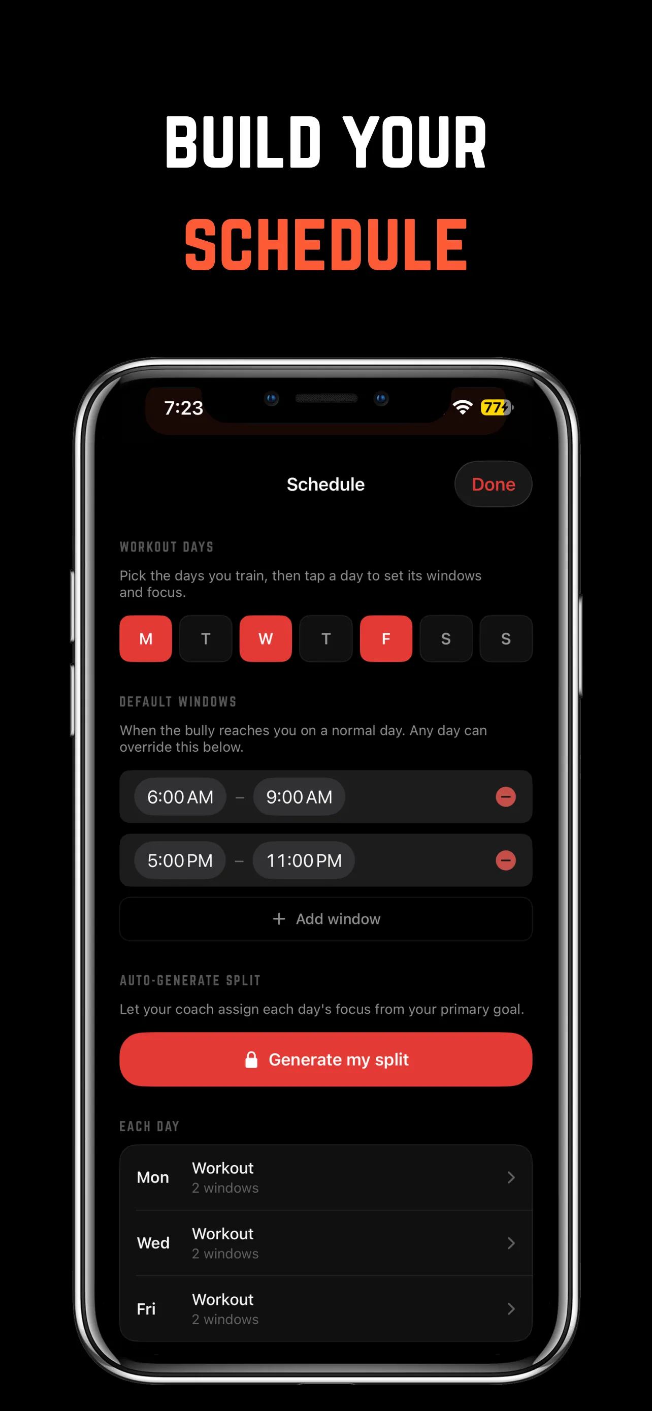 Building a weekly workout schedule with training days, notification windows, and an auto-generated split